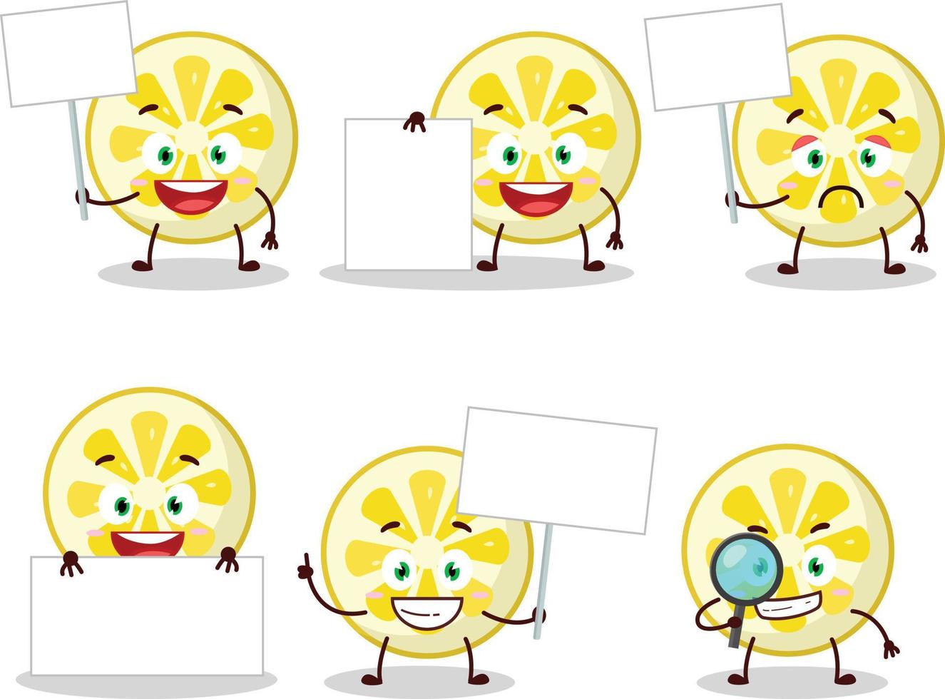 Zitrone Scheibe Karikatur Charakter bringen Information Tafel vektor