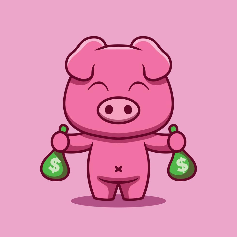 süß Schwein Charakter halten Geld Tasche Vektor Karikatur Illustration