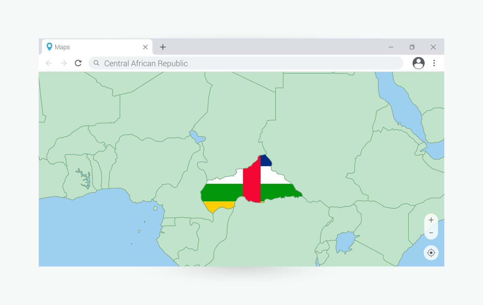 Browser Fenster mit Karte von zentral afrikanisch Republik, suchen zentral afrikanisch Republik im Internet. vektor