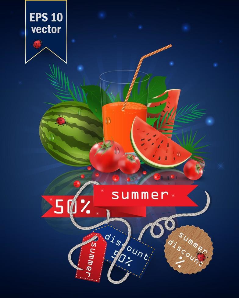 sommarförsäljningsillustration med frukt och juice vektor