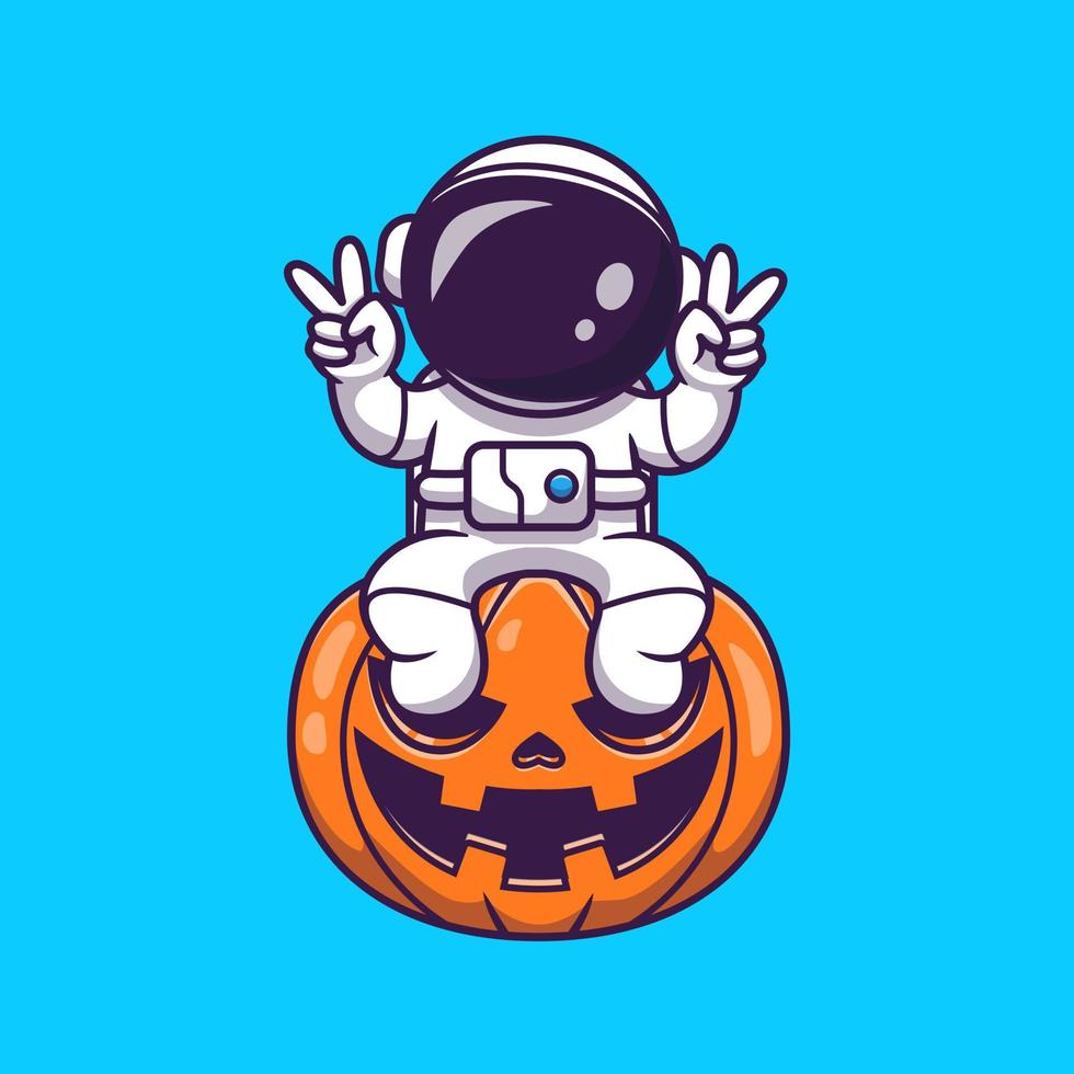 süß Astronaut Sitzung auf Kürbis Halloween mit Frieden Hand Karikatur Vektor Symbol Illustration. Wissenschaft Urlaub Symbol Konzept isoliert Prämie Vektor. eben Karikatur Stil