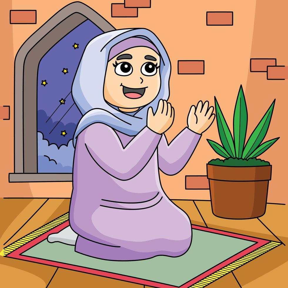 ramadan muslim flicka bön- färgad tecknad serie vektor