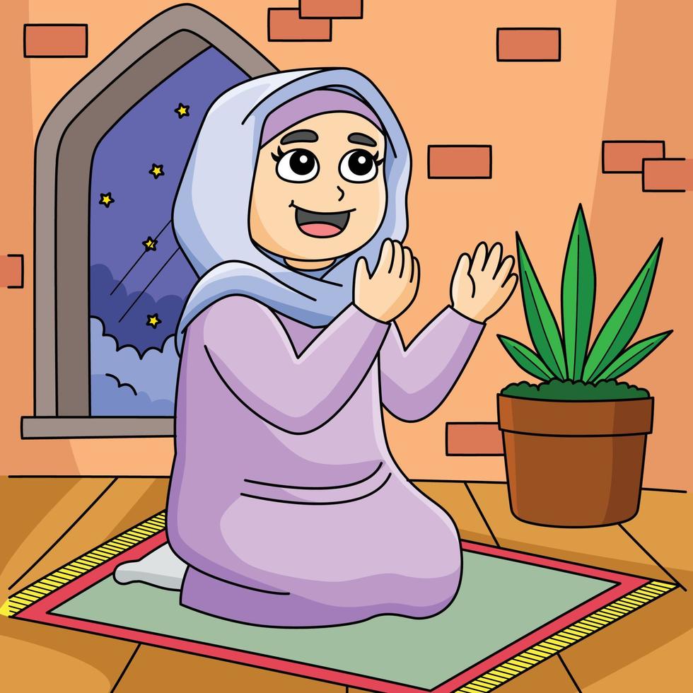 Ramadan Muslim Mädchen beten farbig Karikatur vektor