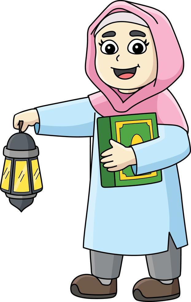 muslim flicka med quran tecknad serie färgad ClipArt vektor