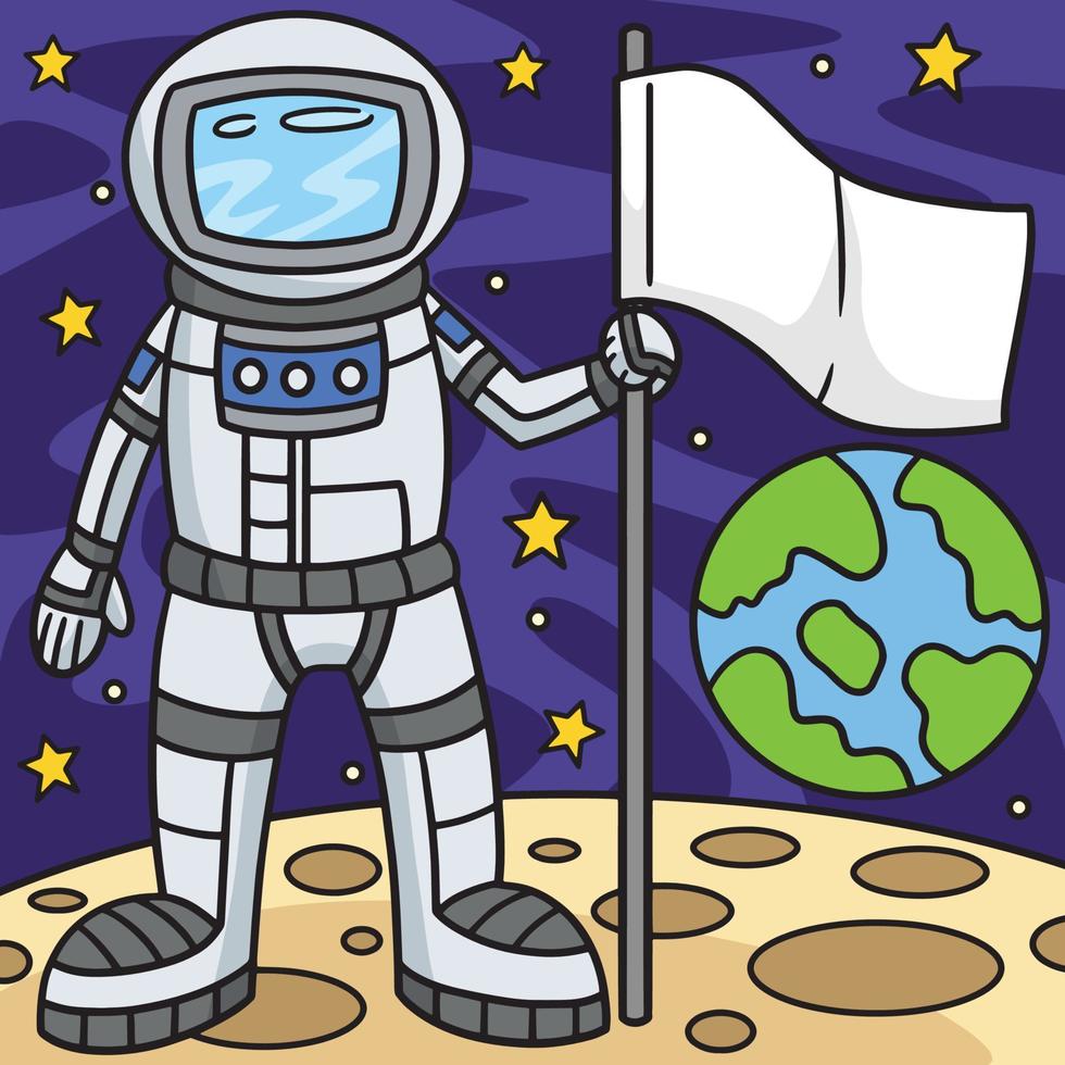Astronaut halten ein Flagge farbig Karikatur vektor