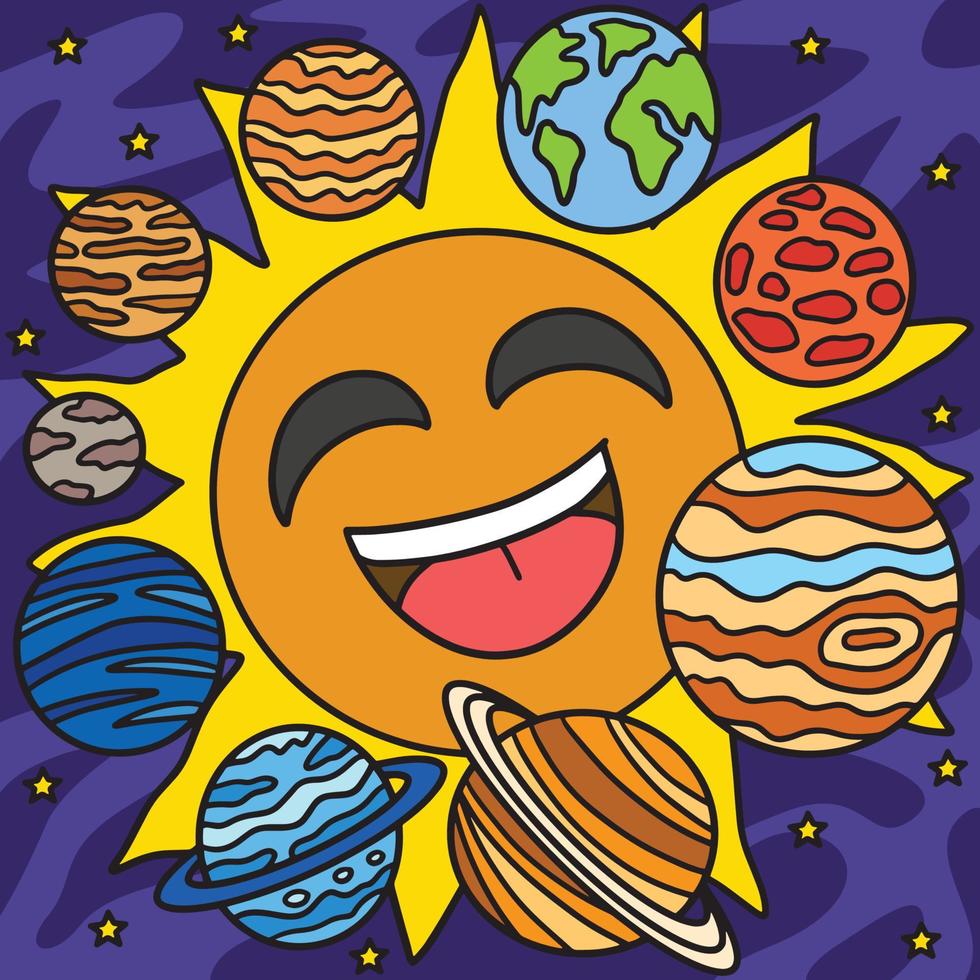 glücklich Sonne und Solar- System farbig Karikatur vektor