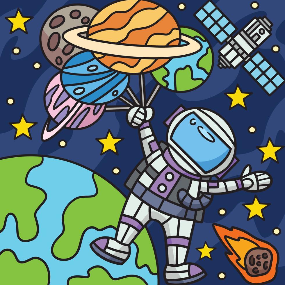 astronaut innehav ballong planet färgad tecknad serie vektor