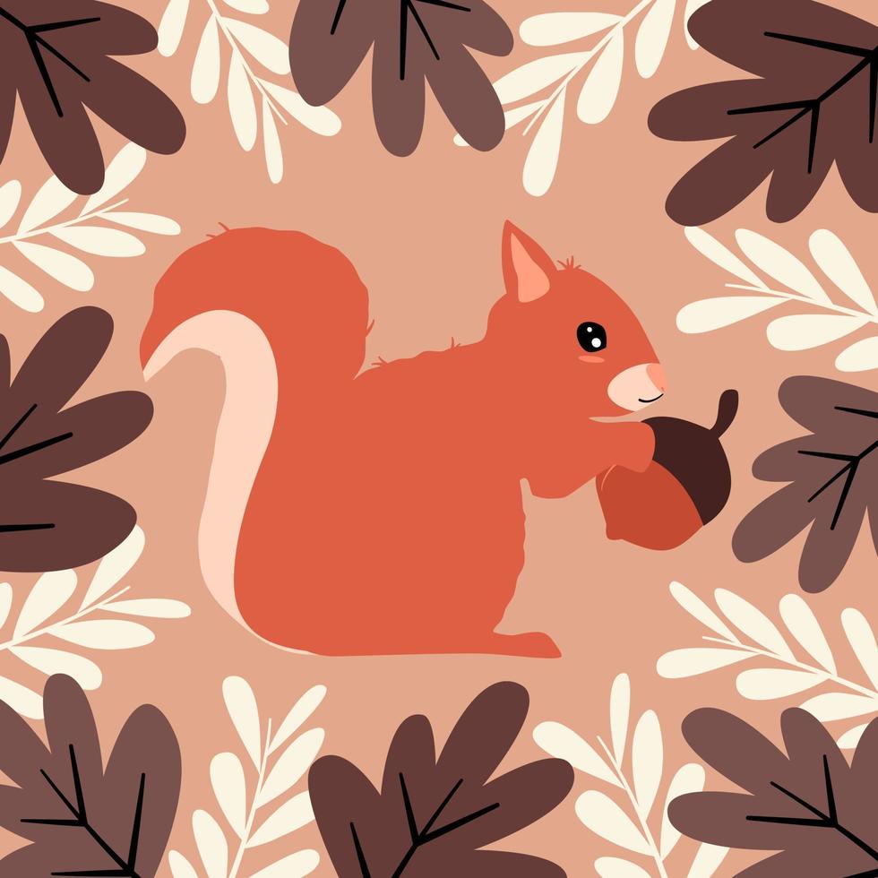söt tecknad serie ekorre med nötter och löv vektor