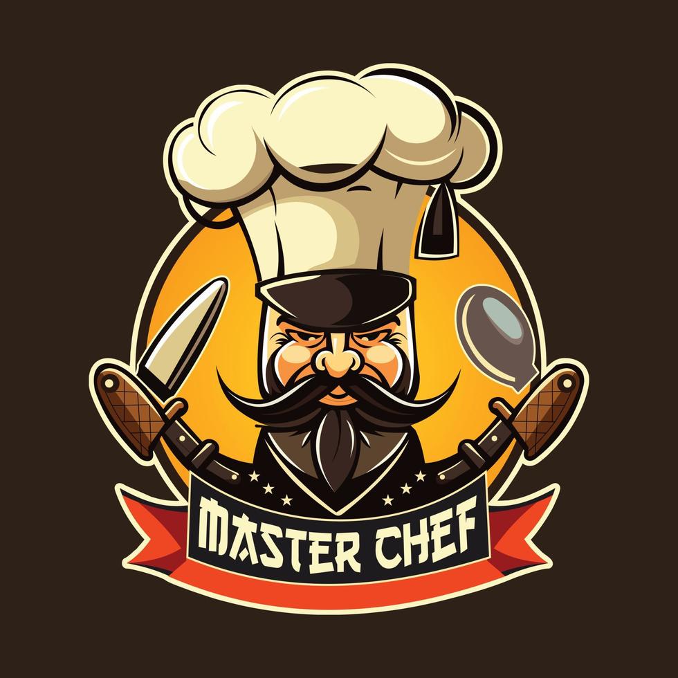 kock logotyp, logotyp för restauranger och bagerier, stor mustasch, kniv och sked, bemästra kock med mustasch logotyp vektor