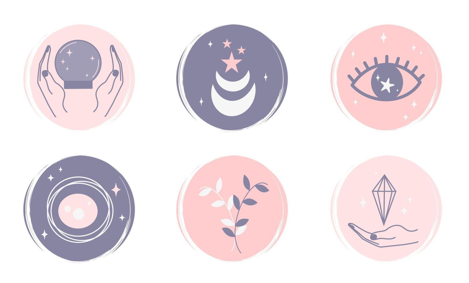 vektor uppsättning av logotyp design mallar, ikoner och märken för social media Instagram slingor omslag med söt händer, måne, stjärnor och esoterisk element
