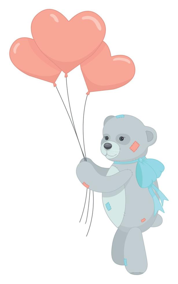 ein Teddy Bär mit ein Blau Bogen auf es ist Hals hält herzförmig Luftballons. Vektor Illustration. Valentinstag Tag. das 14 .. von Februar. Liebe.