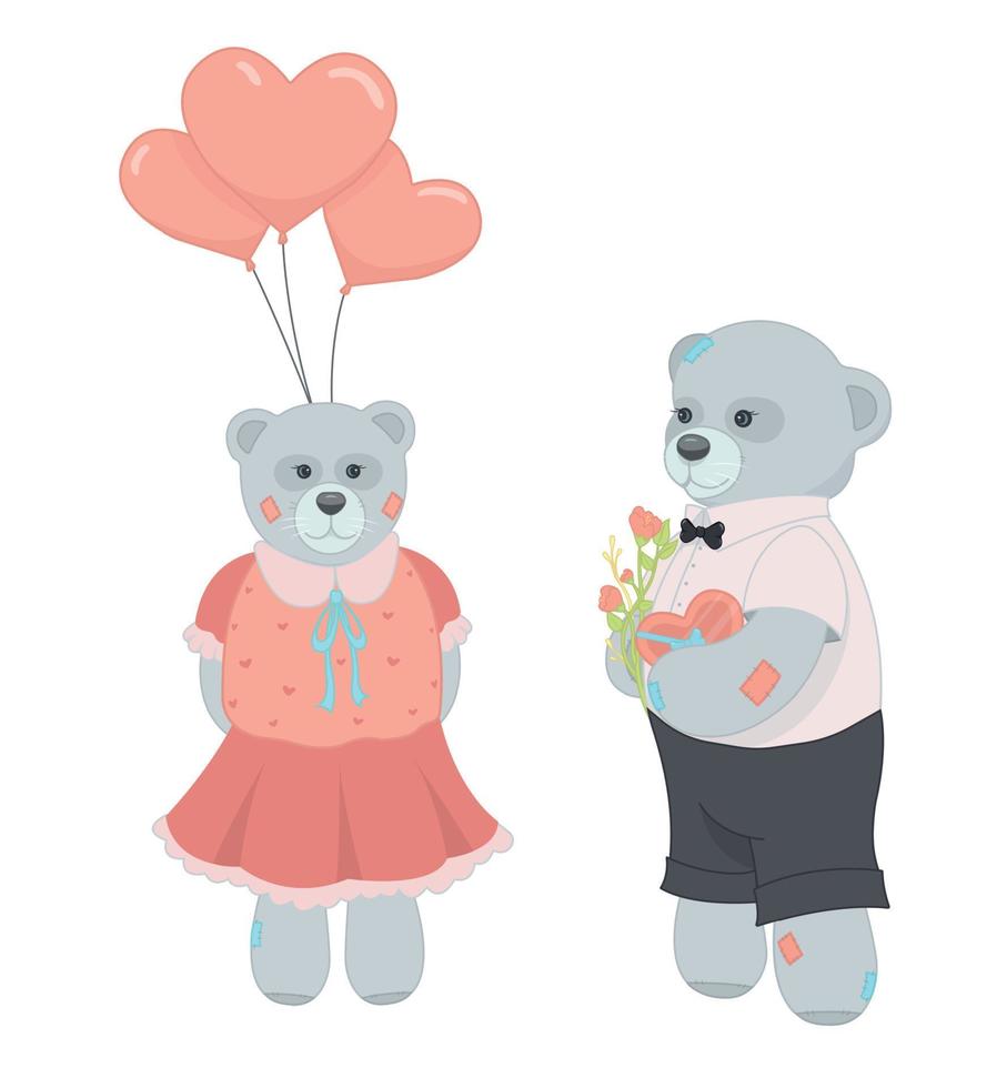 en teddy Björn i en röd klänning innehar ballonger. teddy Björn i en vit skjorta och svart byxor innehar blommor och en alla hjärtans dag. hjärtans dag. de 14:e av februari. kärlek. vektor