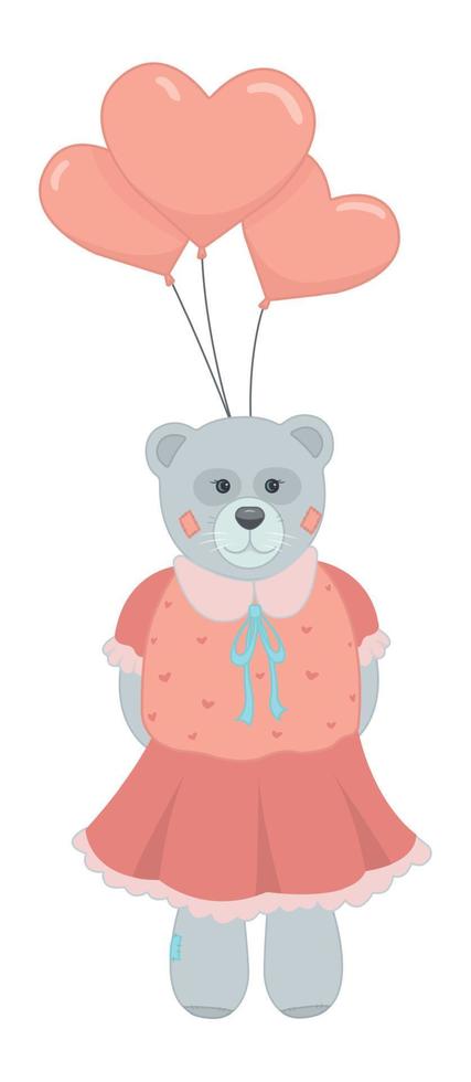 ein Teddy Bär im ein rot Kleid hält Luftballons. Teddy Bärenmädchen mit drei herzförmig Luftballons. Valentinstag Tag. das 14 .. von Februar. Liebe. Vektor Illustration