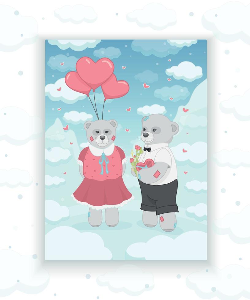 bezaubernd Vektor Teddy Bär Paar mit Herz geformt Luftballons, Blumen und Süßigkeiten auf das Berg und Himmel mit Wolken hintergrund.konzept zum Kinder Kinder drucken, Poster Design, Verpackung Papier, Muster