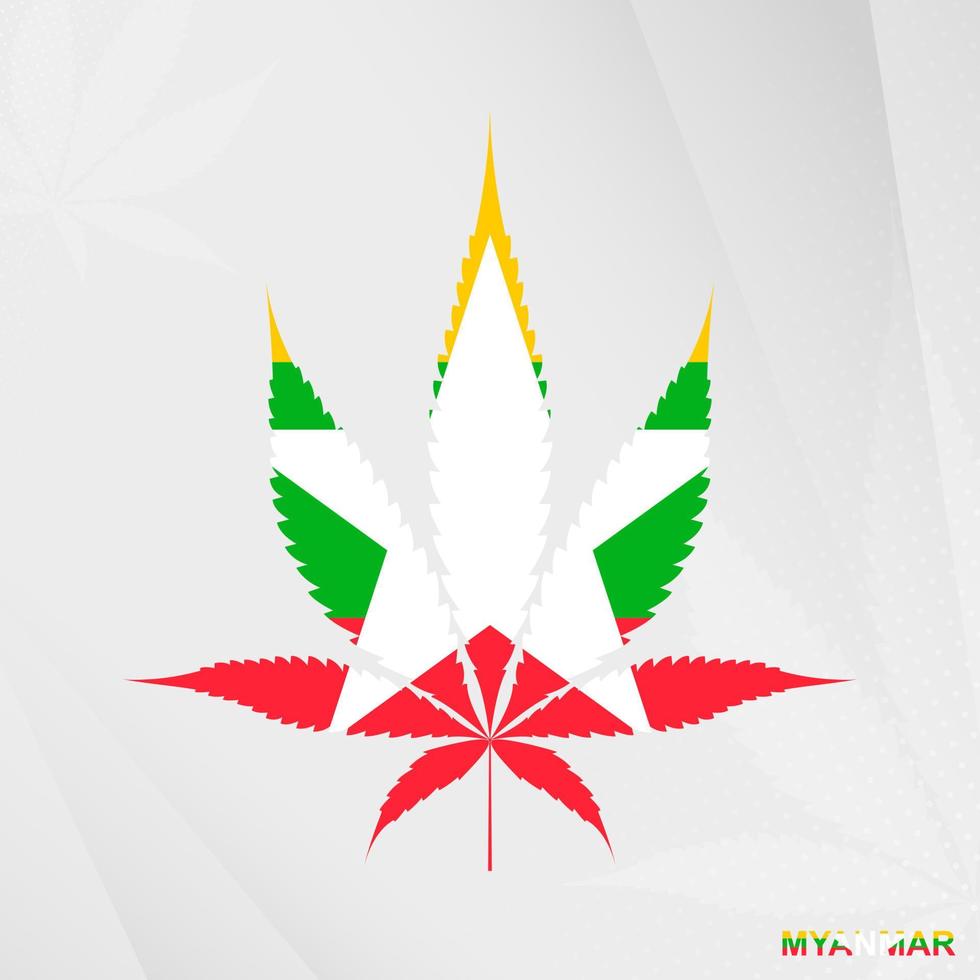 Flagge von Myanmar im Marihuana Blatt Form. das Konzept von Legalisierung Cannabis im Myanmar. vektor