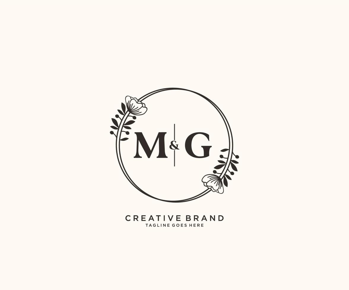 första mg brev hand dragen feminin och blommig botanisk logotyp lämplig för spa salong hud hår skönhet boutique och kosmetisk företag. vektor