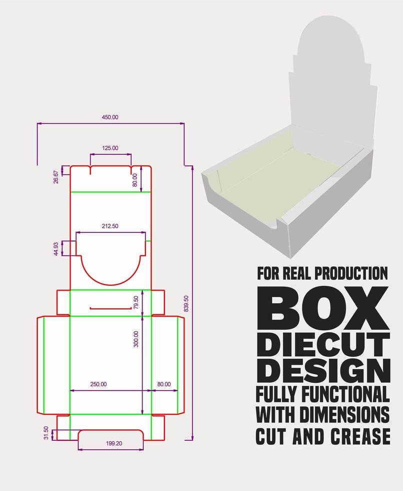 Tablett gestanztes Design mit Abmessungen, Schnitt, Falte, vier einwandig geklebtes Tablett - geklebte Ecke, Platte ungebunden - Verschluss als Display vektor