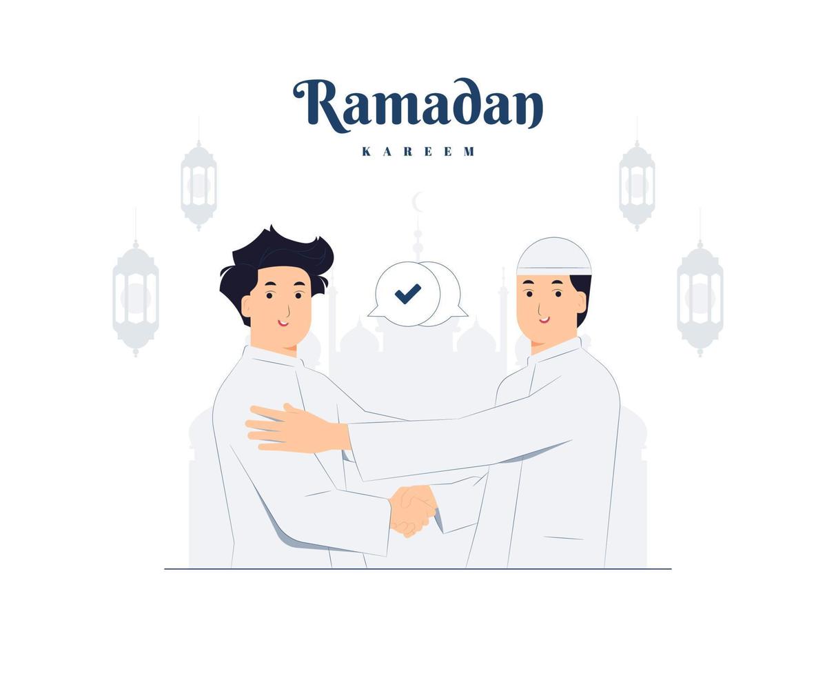 Lycklig två ung muslim män fira seger dag, eid al fitr med skakning hand och leende varje Övrig begrepp illustration vektor