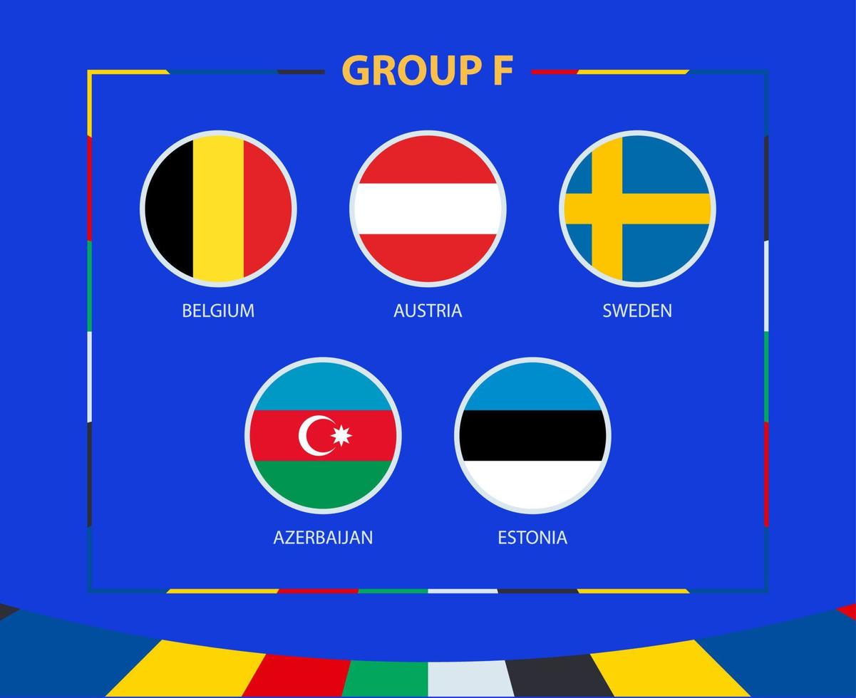 Kreis Flaggen von Gruppe f. Teilnehmer von Qualifikation europäisch Fußball Turnier 2024. vektor