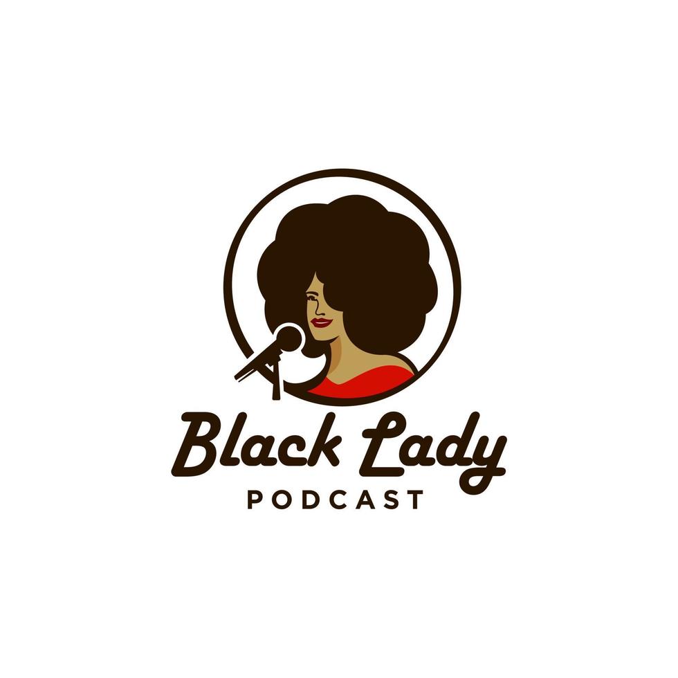 schwarz Frauen Kopf mit afro Haar Podcast Logo Symbol, schwarz Dame Sänger Vektor mit Mikrofon Maskottchen Logo Illustration Design