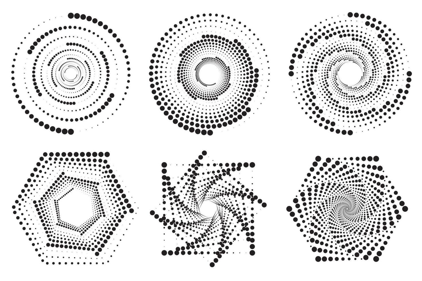 prickad cirklar mönster. abstrakt halv tona grafisk uppsättning. cirkulär texturerad runda spiral ramar. vektor virvla runt geometrisk ringar med gradering.