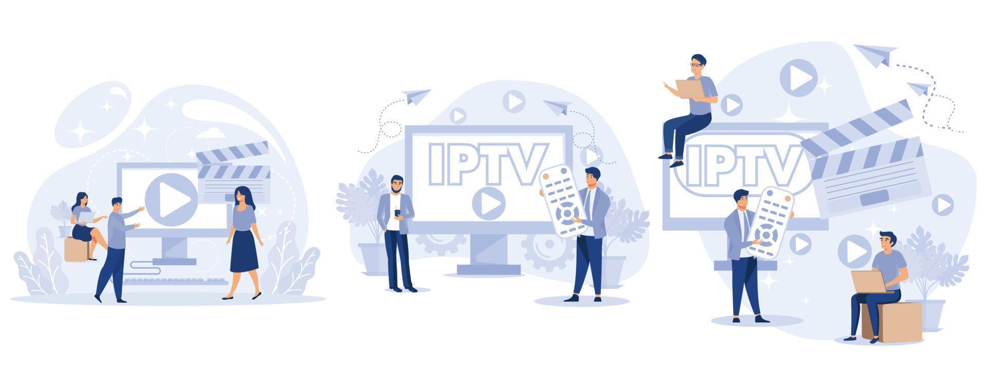 iptv begrepp. mycket liten människor Kolla på digital media TV ström. internet protokoll tv. smart multimedia teknologi, uppsättning platt vektor modern illustration