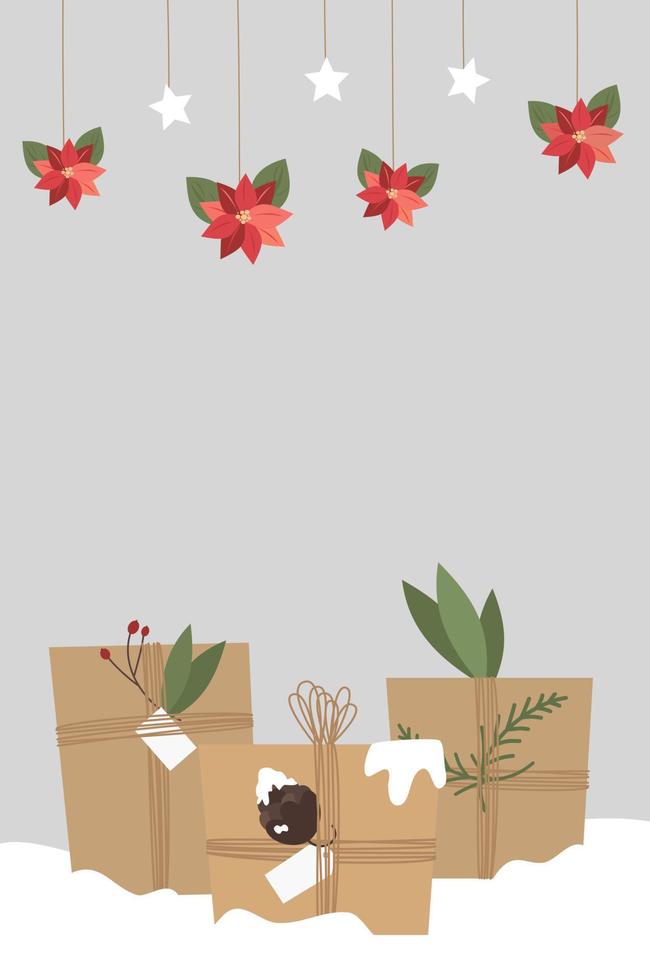 söt härlig Semester vektor kort illustration med jul gåva låda i hantverk papper med snöre band och kransar