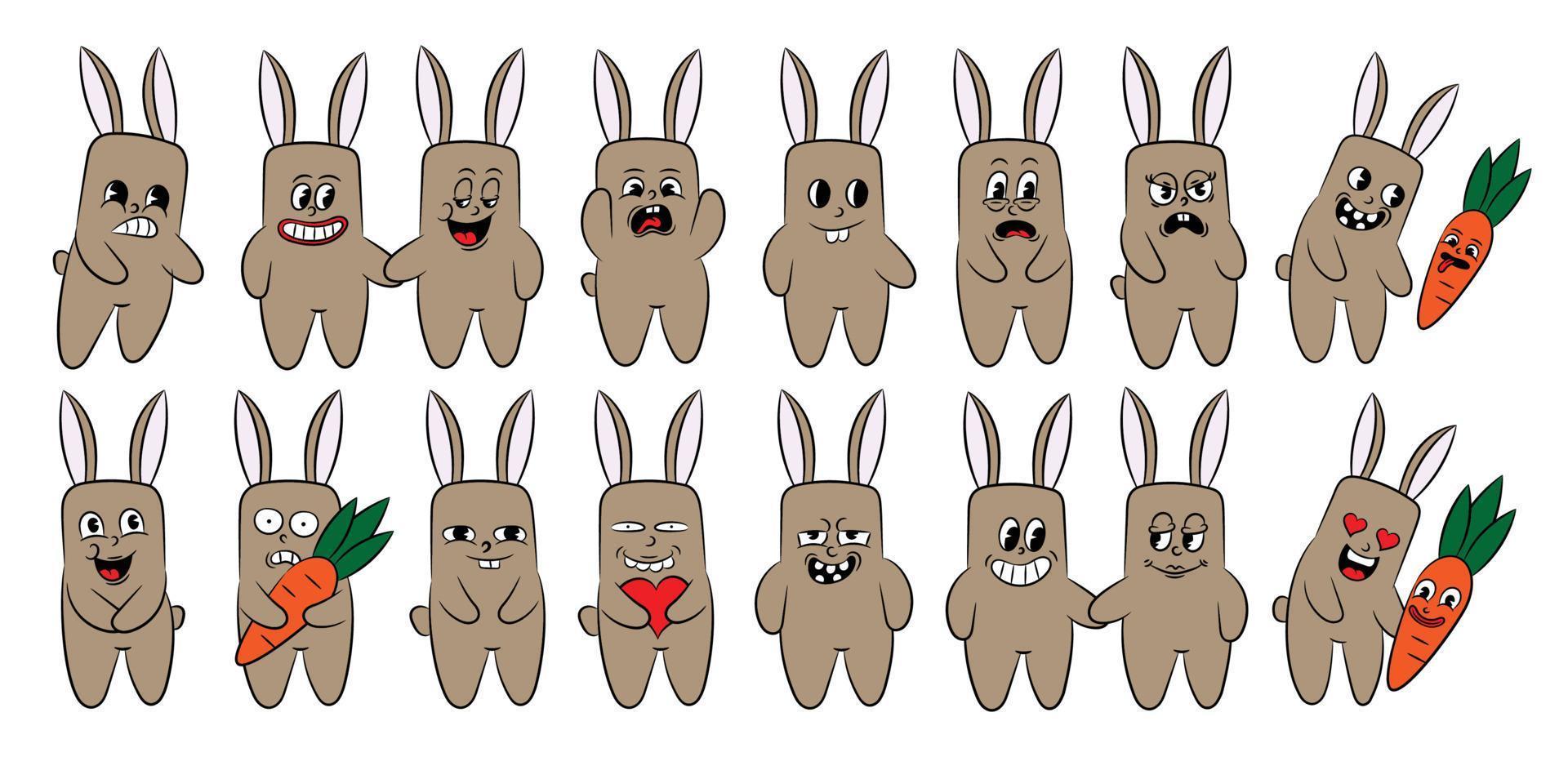 Sammlung von retro Zeichen Hasen Hippie Aufkleber Comic Stil. einstellen von Karikatur Kaninchen mit anders heiter Emotionen. komisch Charakter Maskottchen Aufkleber. Vektor Illustration