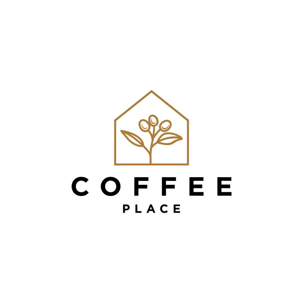 kaffeehauslogo, einfaches logo des kaffeeshops, haus der kaffeebohnen mit zweig in trendiger linie hipster moderne einfache logoillustration vektor