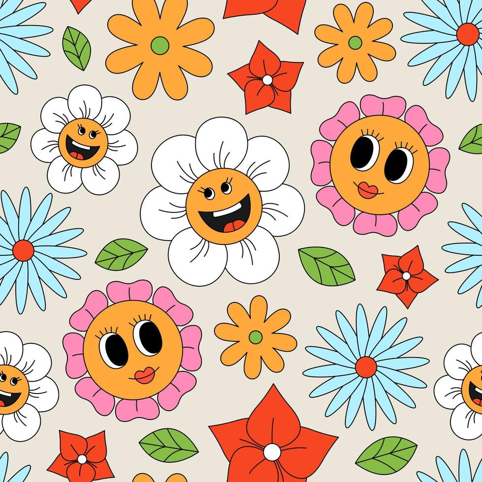 sömlös mönster med blommor och löv. vår, sommar begrepp. retro stil tecknad serie vektor illustration