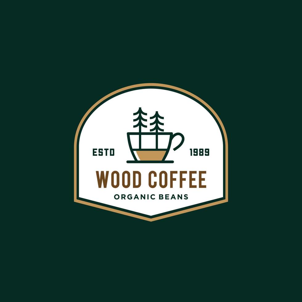 Wald Kaffee Logo Konzept. klassisch Abzeichen ein Tasse von Kaffee mit Baum und Blatt Ast natürlich Linie Briefmarke Logo Vektor Symbol Design im Jahrgang Hipster modern schön Stil, Prämie Kaffee Geschäft Bar Symbol