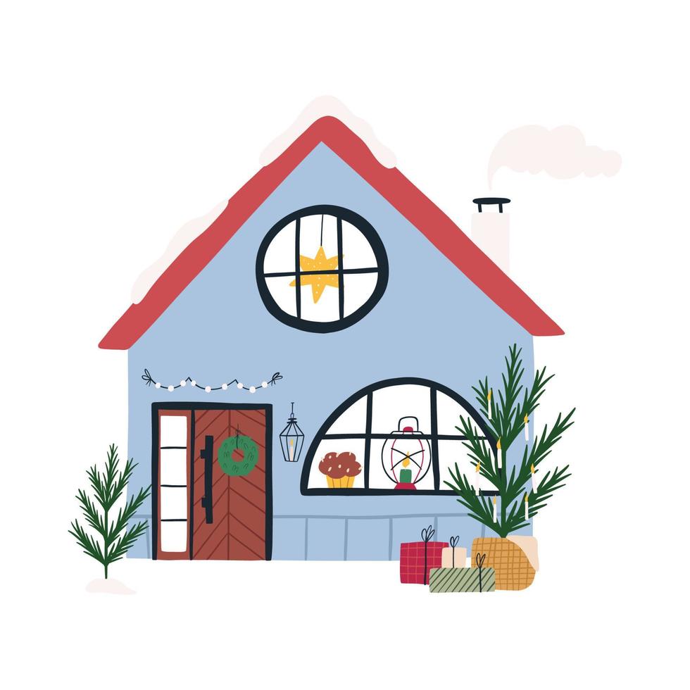 Hand gezeichnet Winter Haus Außen - - Karikatur eben Vektor Illustration isoliert auf Weiß Hintergrund. süß Urlaub Haus Zeichnung mit Weihnachten Baum, Stapel von Geschenke und Fee Beleuchtung Dekorationen.