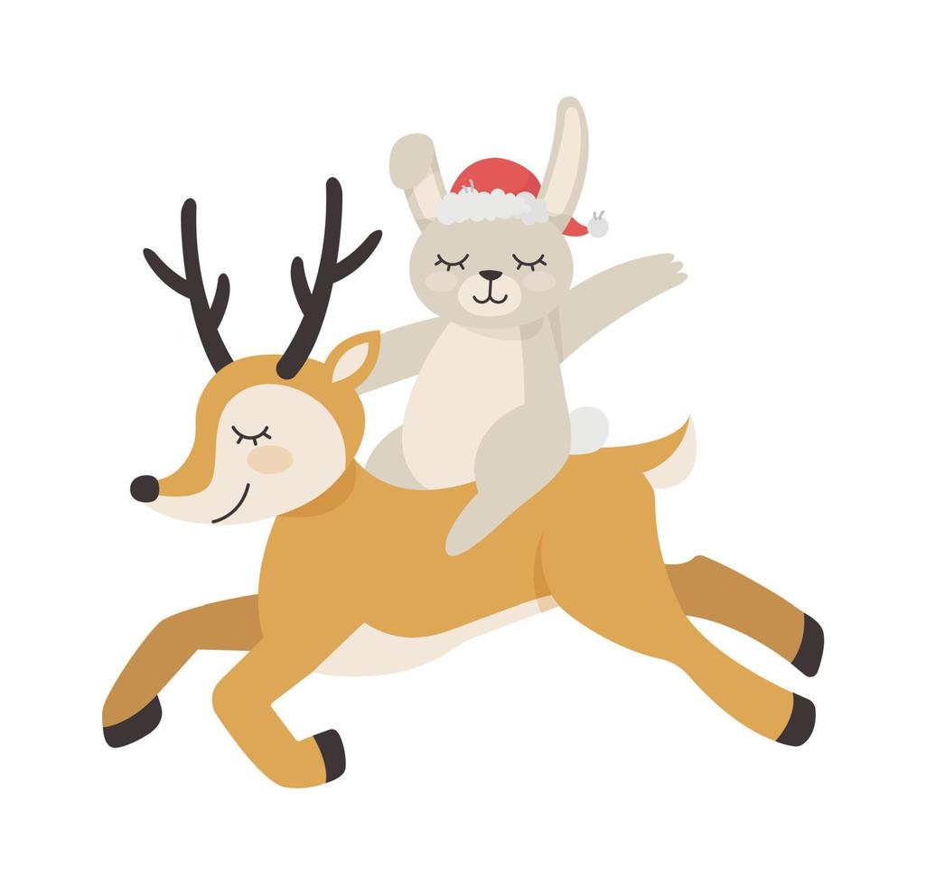 ein Hase Fahrten ein Reh. Neu Jahr und Weihnachten. Vektor Illustration mit ein süß Hase.