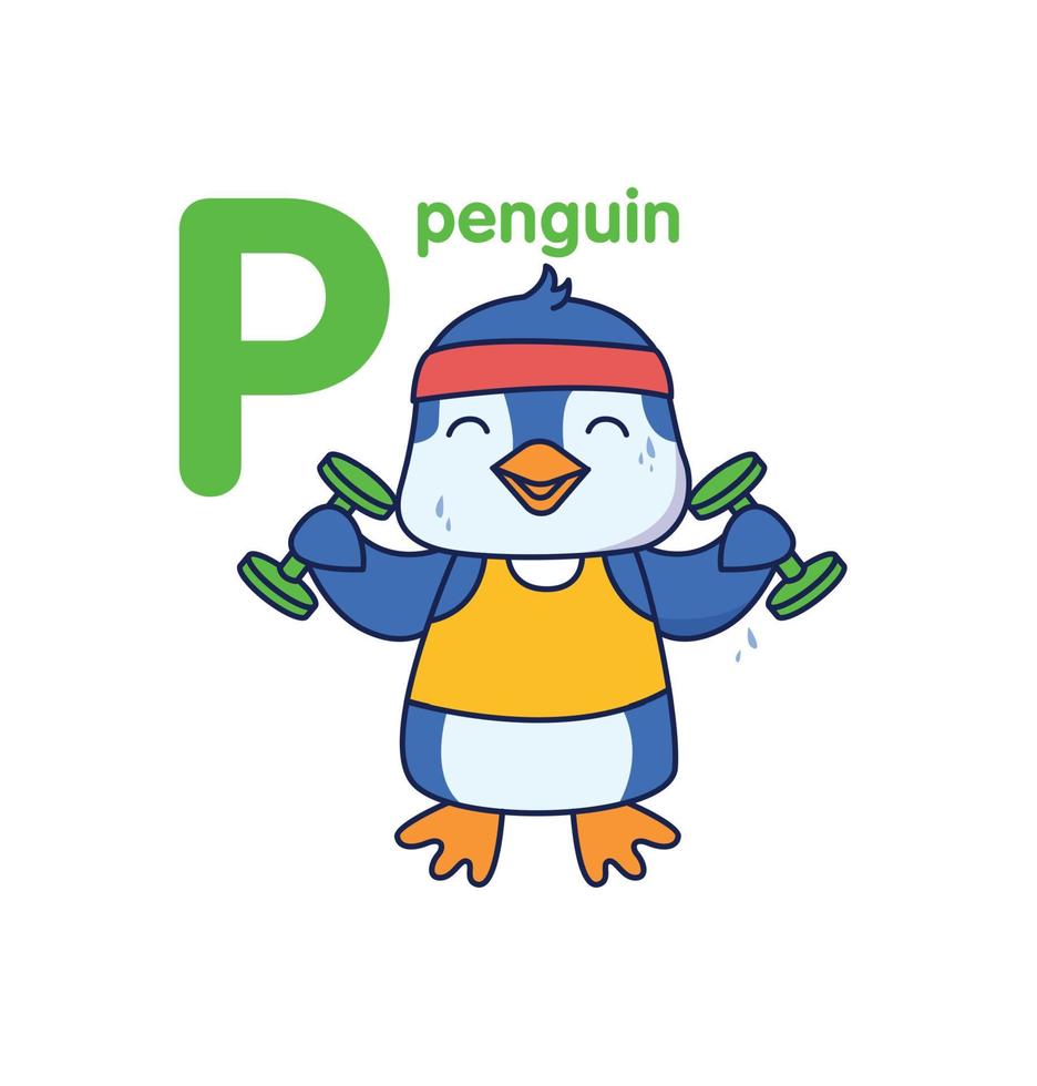 pingvin med hantlar. fågel sportsman. söt djur. vektor illustration alfabet