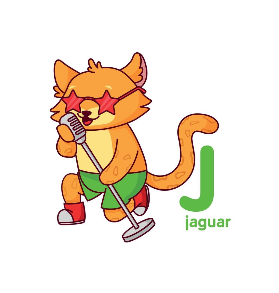 jaguar med mikrofon. en vild djur- sjunger karaoke. söt djur. vektor illustration alfabet