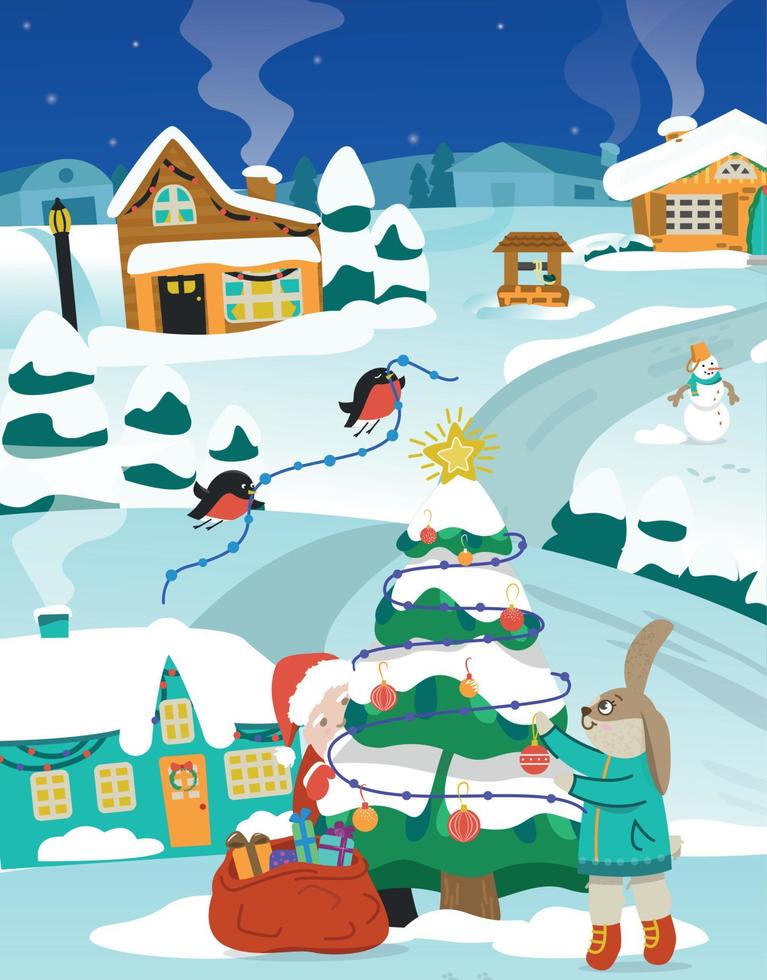 das Hase dekoriert das Weihnachten Baum. Santa claus späht aus von hinter das Weihnachten Baum. süß Hase im Winter. Weihnachten und Neu Jahr. Vektor Illustration.