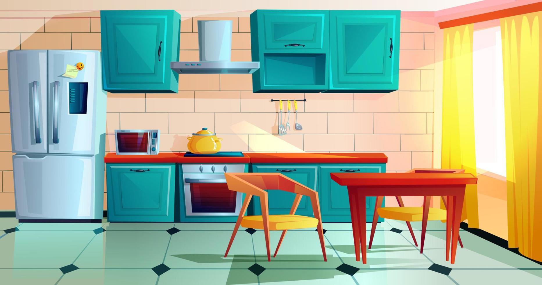 Küche Innere Witz hölzern Möbel Karikatur vektor
