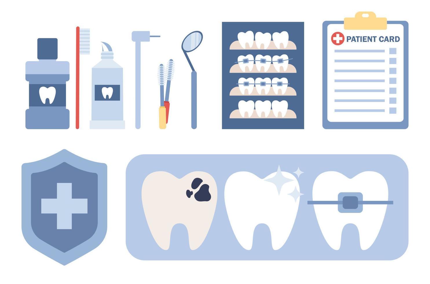 dental ikon uppsättning. privat tandvård, ortodontisk tjänster, dental estetisk klinik. tänder med problem och skador, dental tandställning, rengöring. rätning och behandling tänder. vektor platt illustration