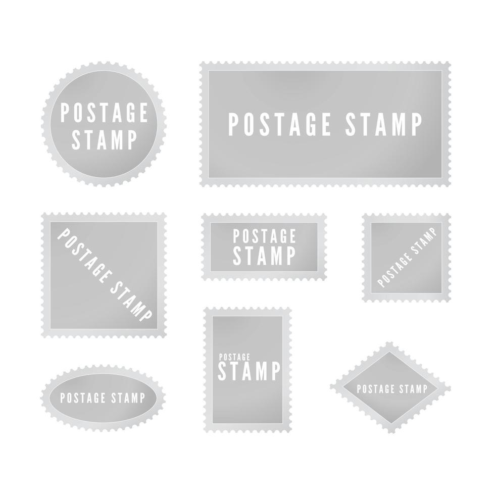 grau Post- Briefmarke Vorlage Sammlung mit Schatten. retro leer Porto Briefmarke mit perforiert Grenze. Vektor Illustration isoliert auf Weiß Hintergrund