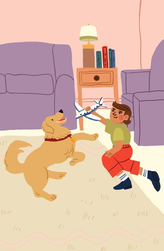 das Junge spielen mit seine Hund im das Leben Zimmer. glücklich Familie Zeit. golden Retriever und das Kind. Vektor Illustration