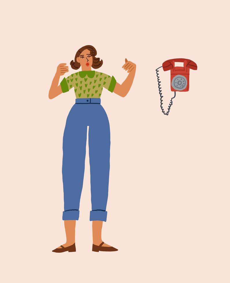 kvinna väntar för de telefon ringa upp, retro stil telefon. vektor illustration