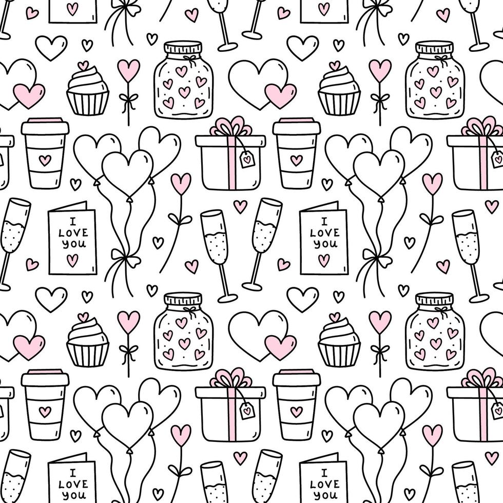 süß nahtlos Muster zum Valentinstag Tag mit Sekt, Luftballons, Herzen, Geschenke, Kaffee, Cupcakes. Vektor handgemalt Gekritzel Illustration. perfekt zum Urlaub Entwürfe, drucken, Dekor, Verpackung Papier.