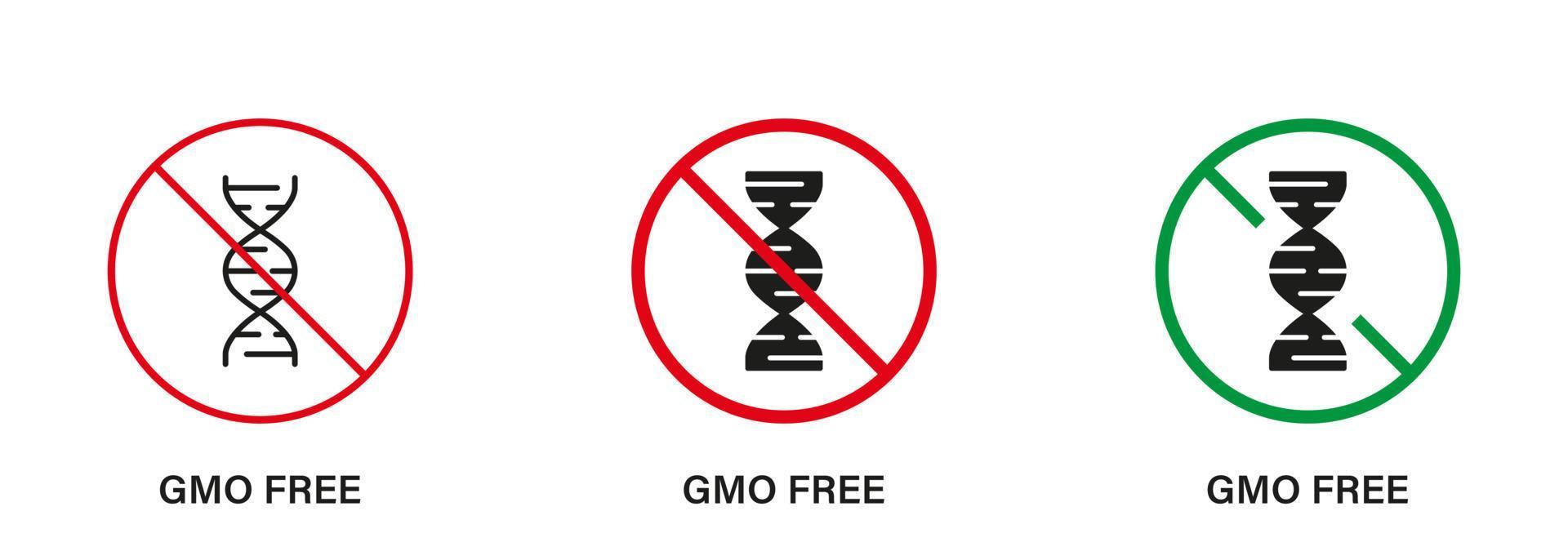 gmo fri silhuett och linje ikon uppsättning. endast eco naturlig organisk produkt. gmo sluta tecken. genetiskt ändrad förbjuden symbol. naturlig friska mat begrepp. isolerat vektor illustration.