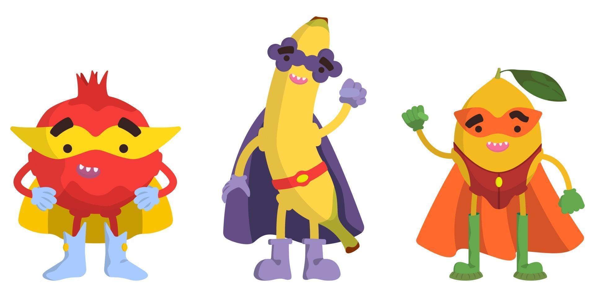 Satz Superheldenfrüchte. Granatapfel, Banane und Zitrone im Cartoon-Stil. vektor