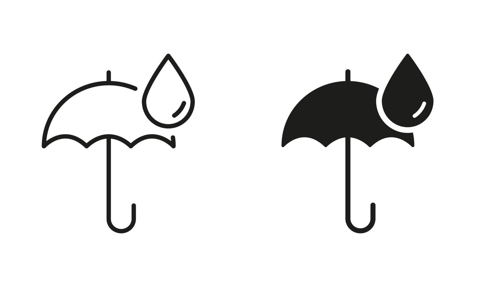 paraply skyddande från regn silhuett och linje ikon uppsättning. paraply med släppa tecken. regn begrepp svart piktogram samling. isolerat vektor illustration.