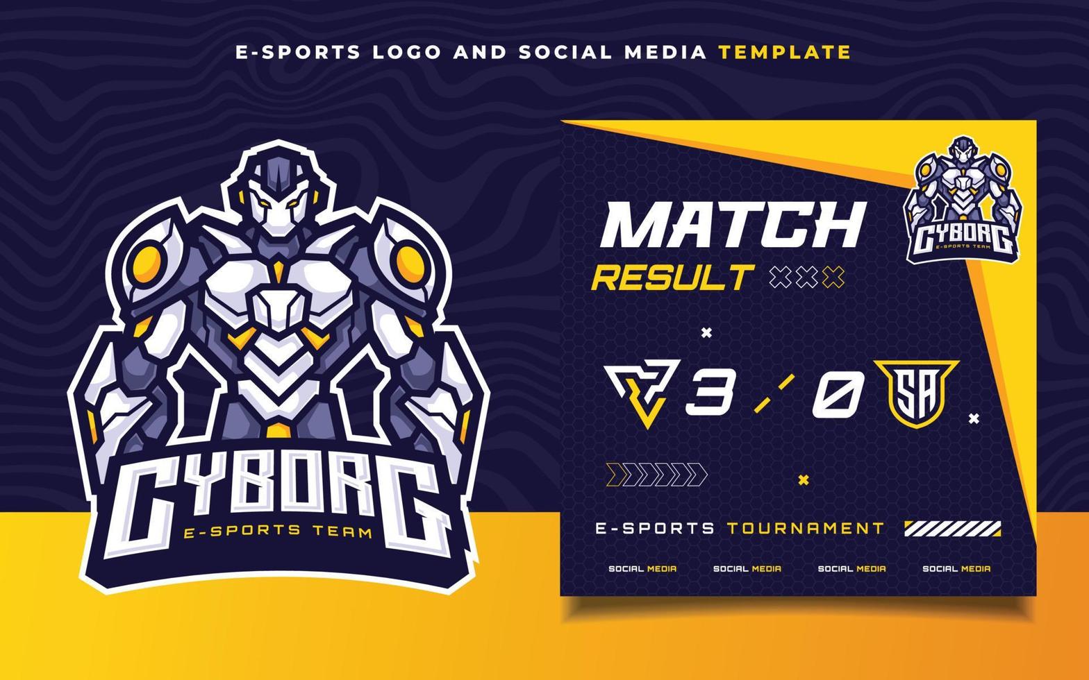 einstellen von E-Sport Spielen Flyer Vorlage zum Sozial Medien Banner mit Cyborg Charakter Maskottchen Logo vektor