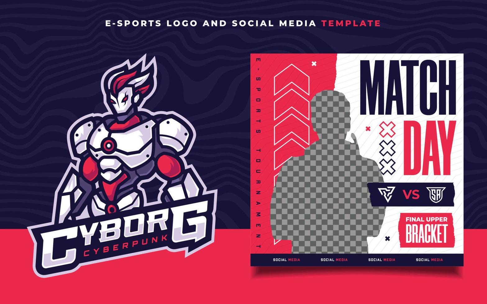 einstellen von E-Sport Spielen Flyer Vorlage zum Sozial Medien Banner mit Cyborg Charakter Maskottchen Logo vektor