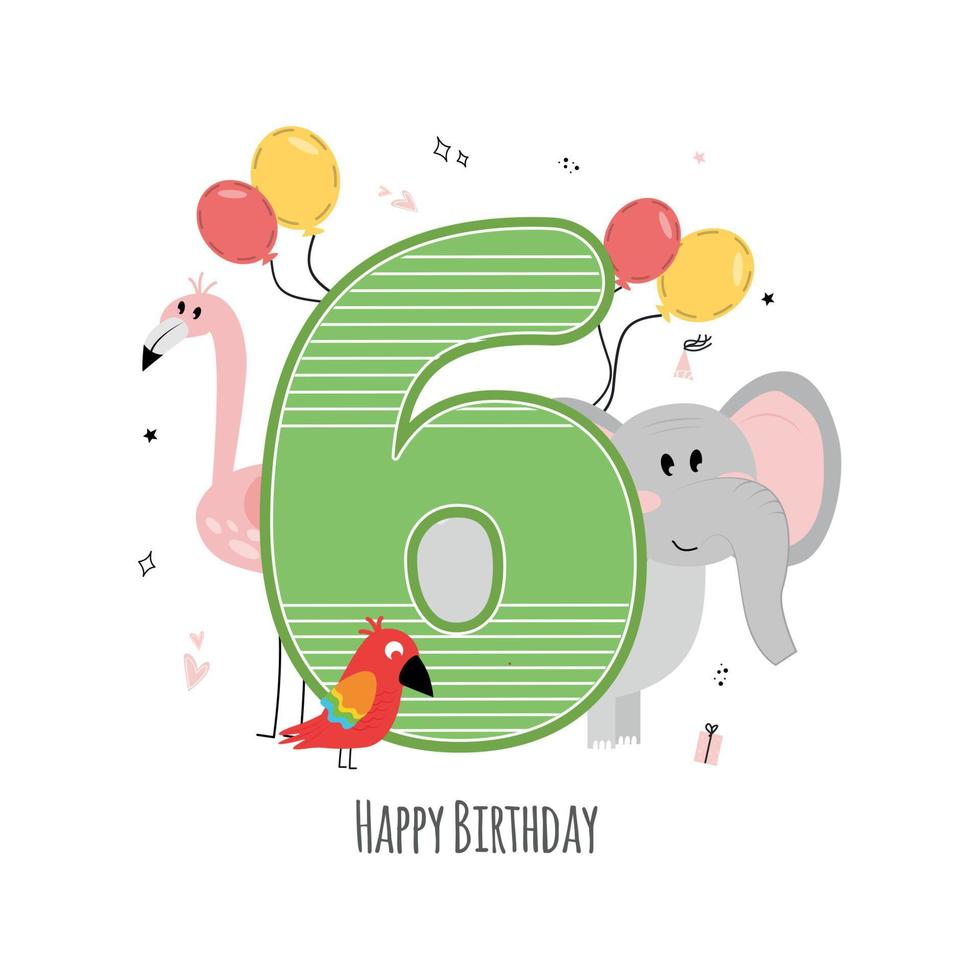 Vektor Illustration glücklich Geburtstag Karte mit Nummer sechs, Tier Elefant, Flamingo Vögel und Papagei, Geschenke, Luftballons, Urlaub Hut, Herzen, Gekritzel. Gruß Karte mit das Inschrift glücklich Geburtstag.