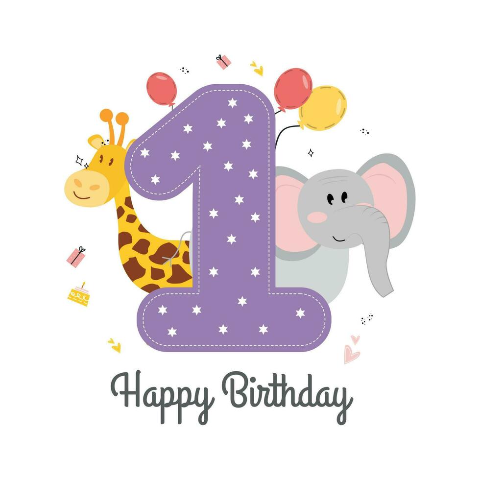 Vektor Illustration glücklich Geburtstag Karte mit Nummer eins, Tiere Elefant und Giraffe, Geschenke, Luftballons, Kuchen, Herzen. Gruß Karte mit das Wörter glücklich Geburtstag