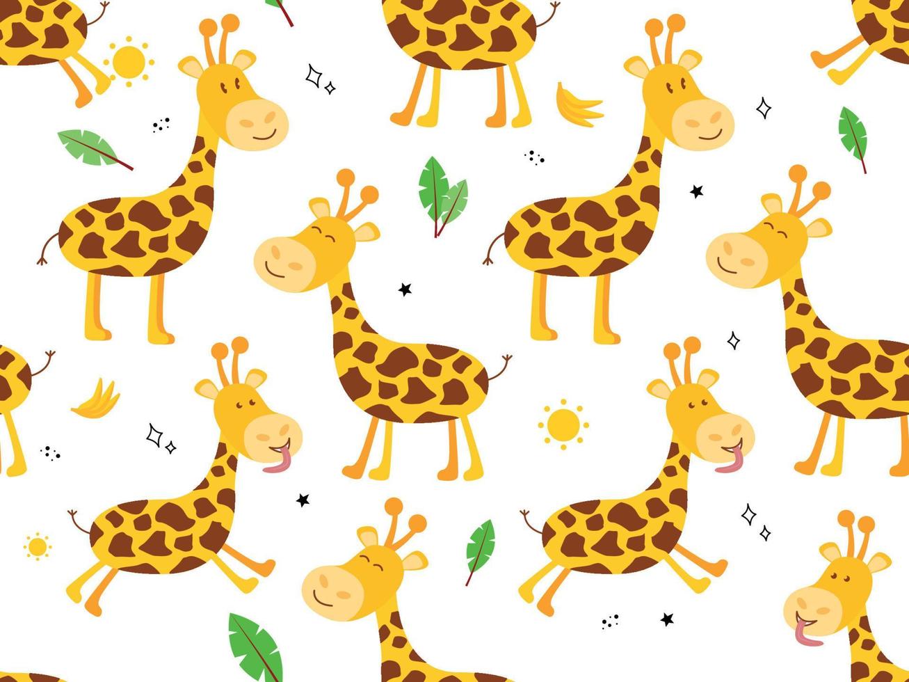 Vektor Illustration von nahtlos Muster mit Tier Giraffe, Palme Blatt, Sonne, Bananen